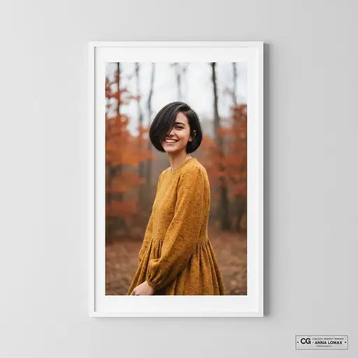 A smiling young girl with asymmetrical cut hair, wearing a fall dress, against a minimalist outdoor background.