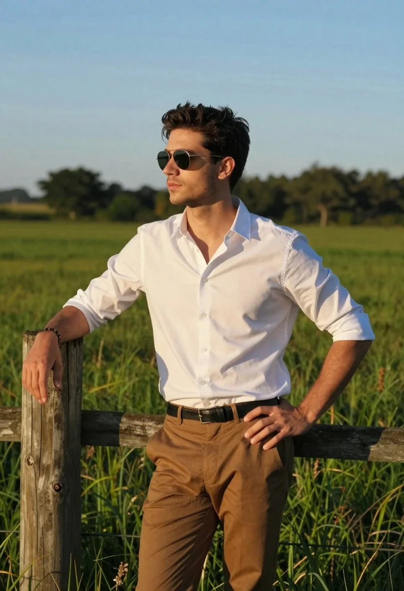 Handsome Young Man Stands Confidently Sunlit Green Field Leaning Against