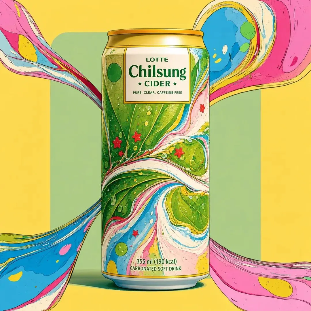 Chilsung Cider Can Abstract Liquid Ribbons Yellow Green