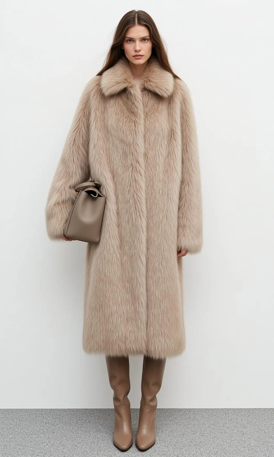 Oversized Faux Fur Coat Taupe Boots Handbag Pose