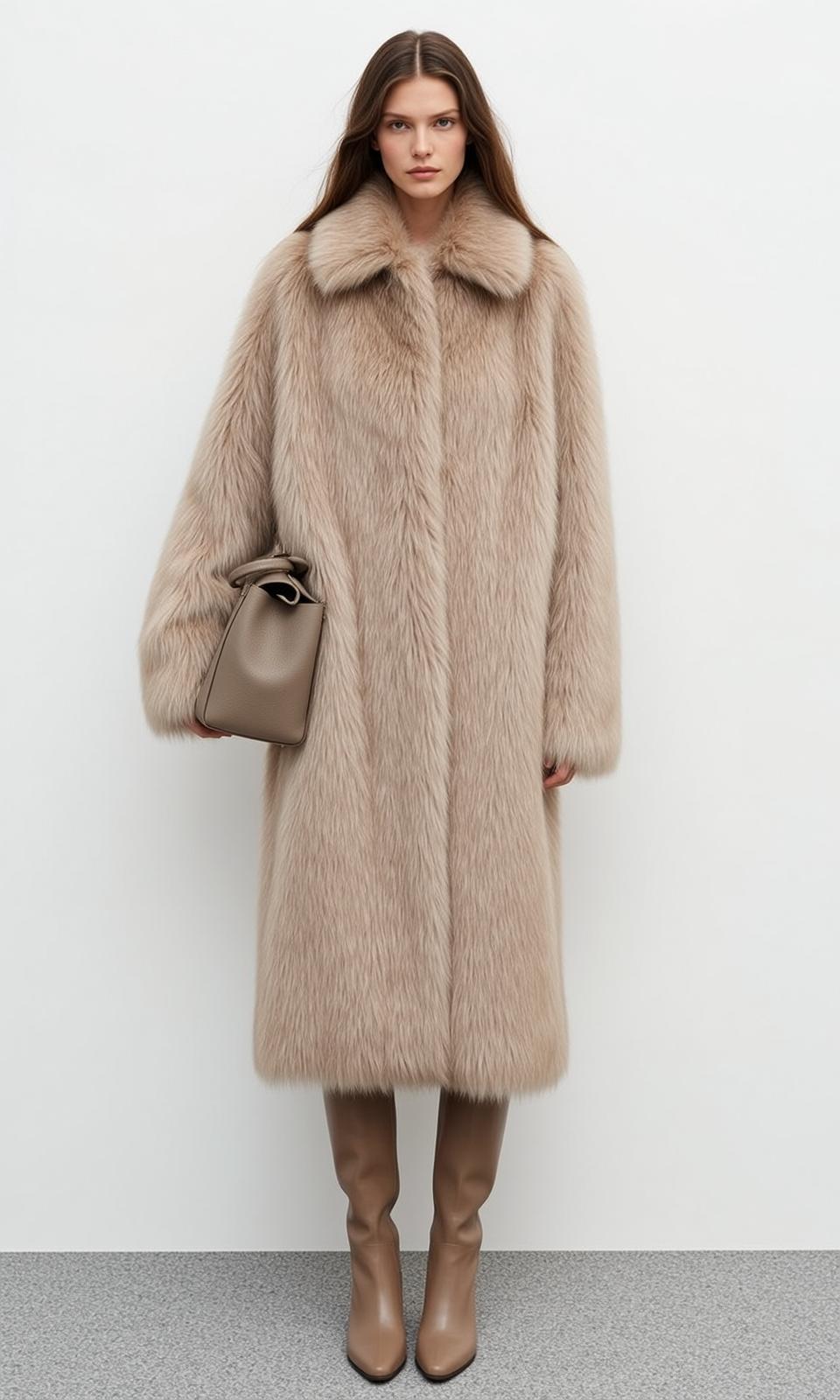 Oversized Faux Fur Coat Taupe Boots Handbag Pose