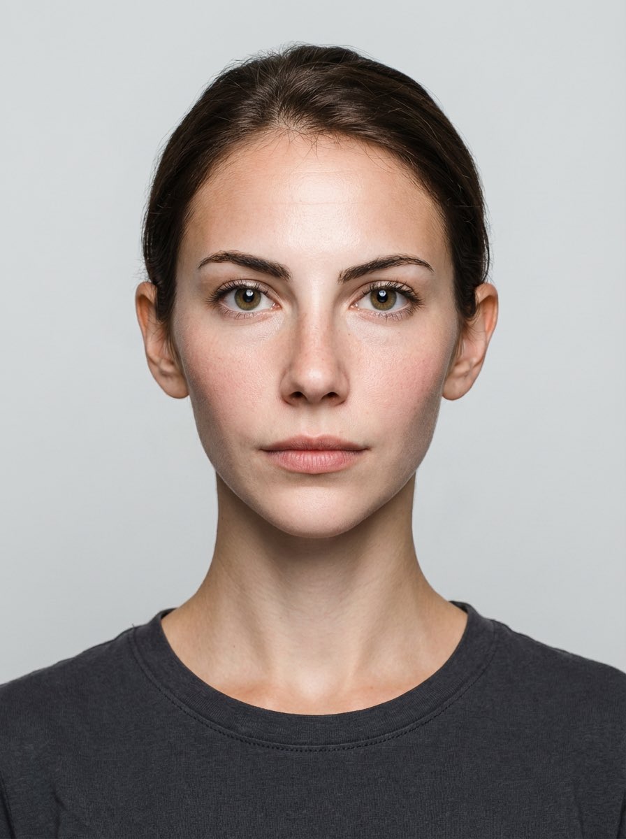 A high resolution biometric ID photograph featuring a neutral expression, centered composition, and plain background.