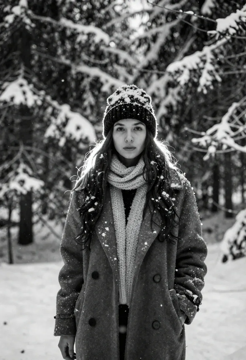 Black And White Portrait Young Woman Standing Snowy Forest With