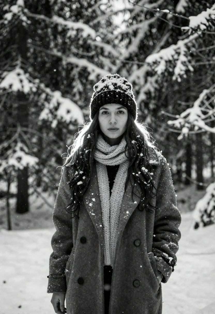 A young woman in a black and white portrait standing in a snowy forest with snowflakes falling around her.