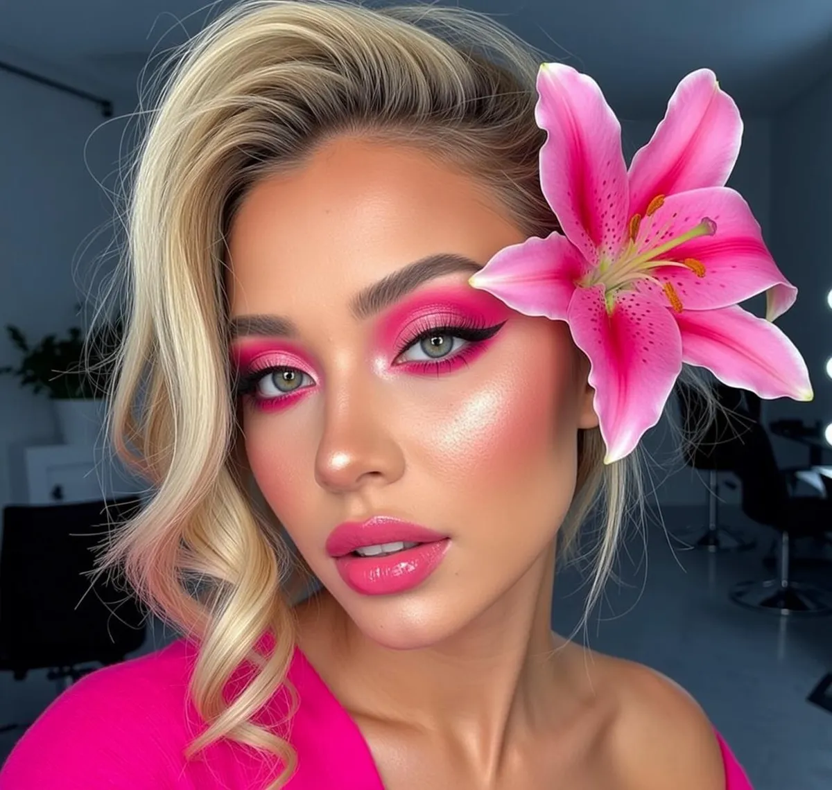 Pink Lily Blonde Woman Studio Glamour