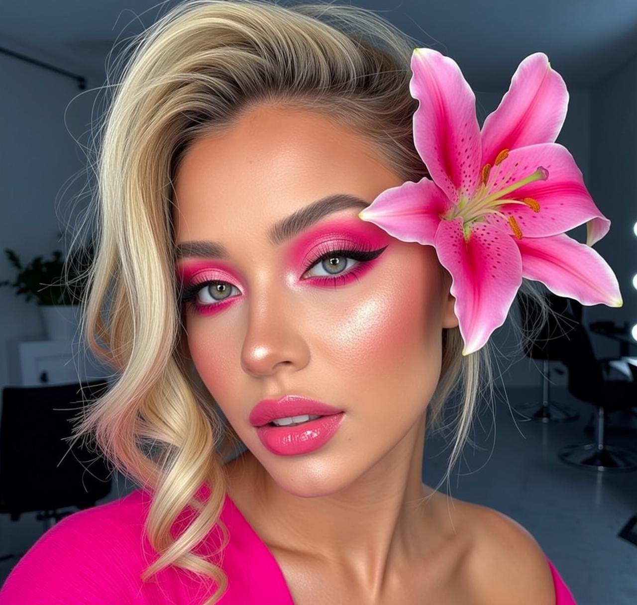 Pink Lily Blonde Woman Studio Glamour