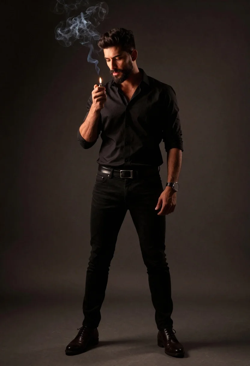 Full-body Studio Portrait Stylish Man With Dark Hair And Beard reference photo