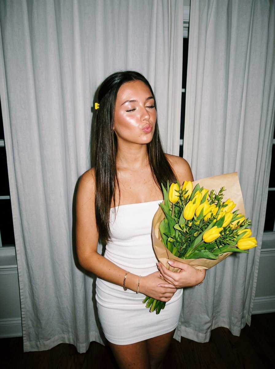 A woman in a strapless blue bodycon dress by a white curtain at night, holding a large bouquet of yellow tulips, with illuminated skin and playful expression.