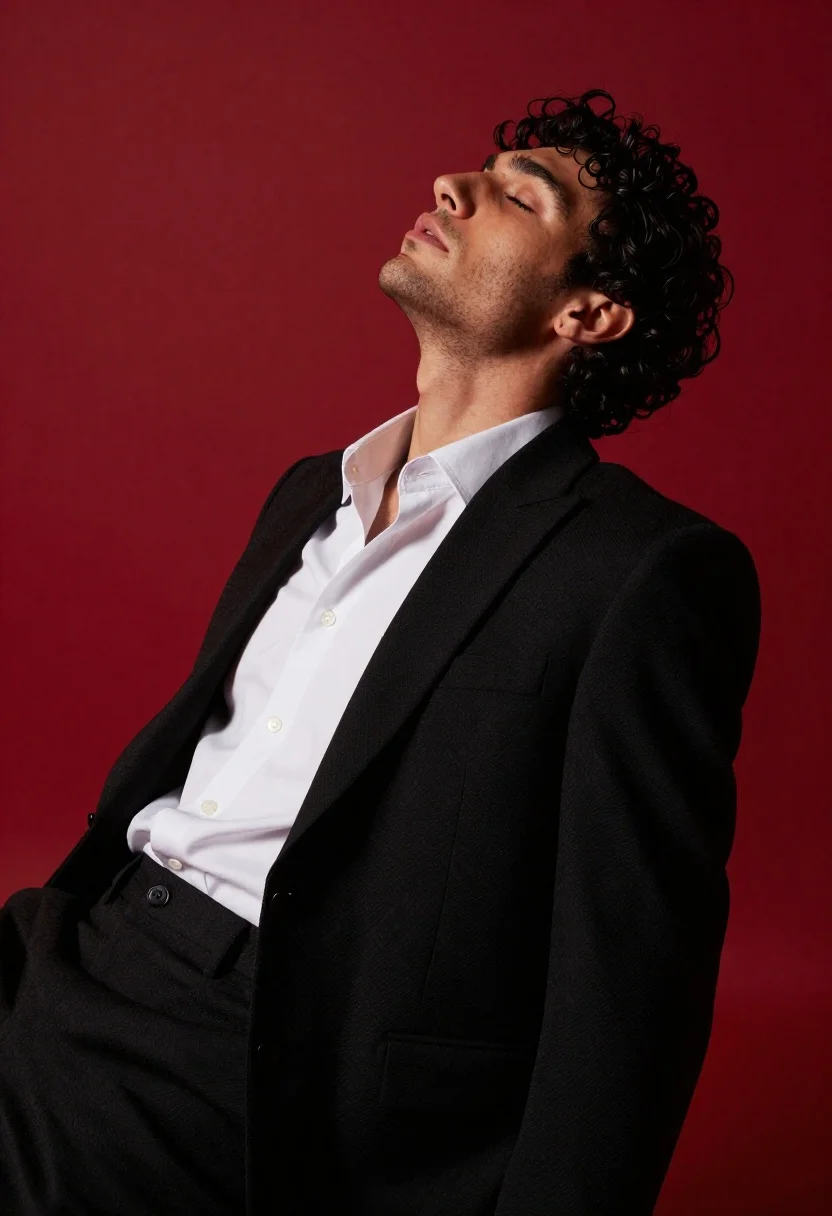 A man in a black suit leans back against a chair, head tilted upward with eyes closed, showcasing dramatic studio lighting.