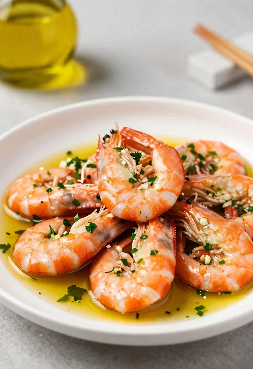 Macro Food Photography White Plate Piled High With Cooked Shrimp