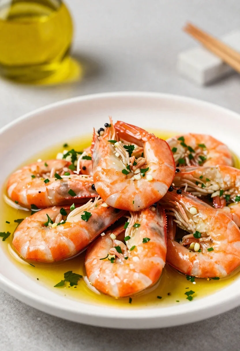 Macro Food Photography White Plate Piled High With Cooked Shrimp reference photo