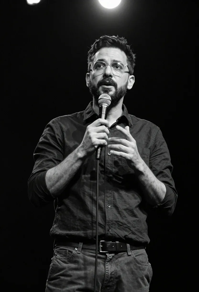 Man Stands Stage Holding Microphone While Speaking Audience Subject Man