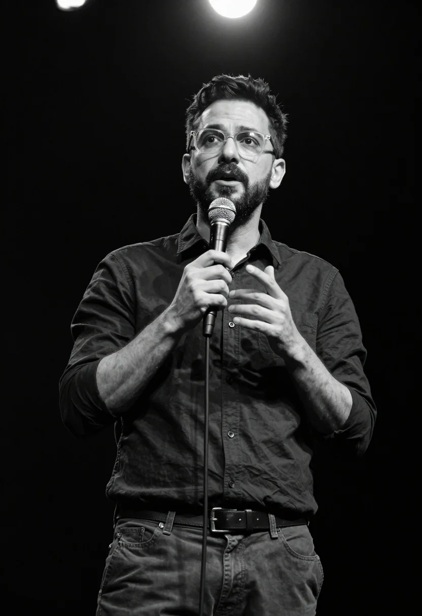 Man Stands Stage Holding Microphone While Speaking Audience Subject Man