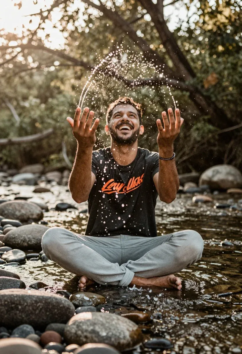 Man Sits Cross-legged Shallow Water Surrounded Smooth River Stones Splashing
