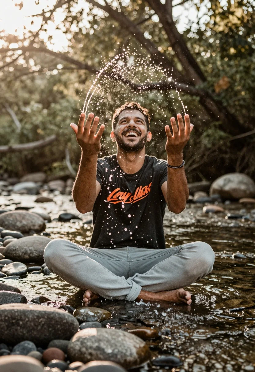 Man Sits Cross-legged Shallow Water Surrounded Smooth River Stones Splashing