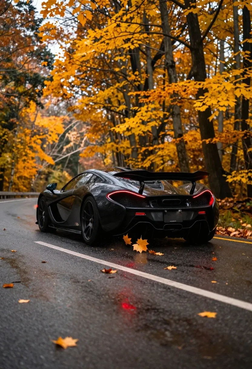 Photorealistic Low-angle Shot Black Mclaren Speeding Away Autumn Forest Road