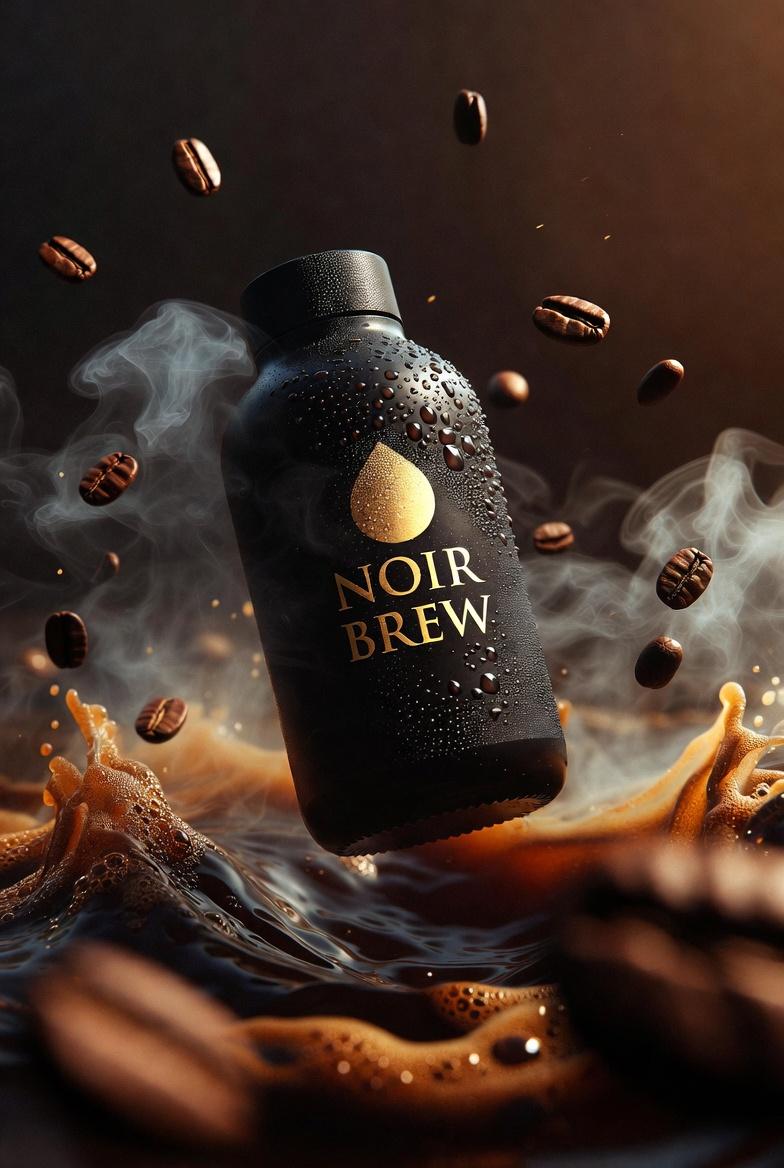 A matte black coffee bottle labeled 'NOIR BREW' surrounded by swirling espresso and roasted coffee beans under dramatic lighting.