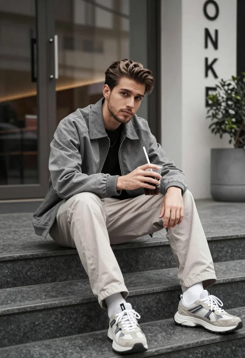 Man Sits Casually Dark Stone Steps Holding Drink With Straw