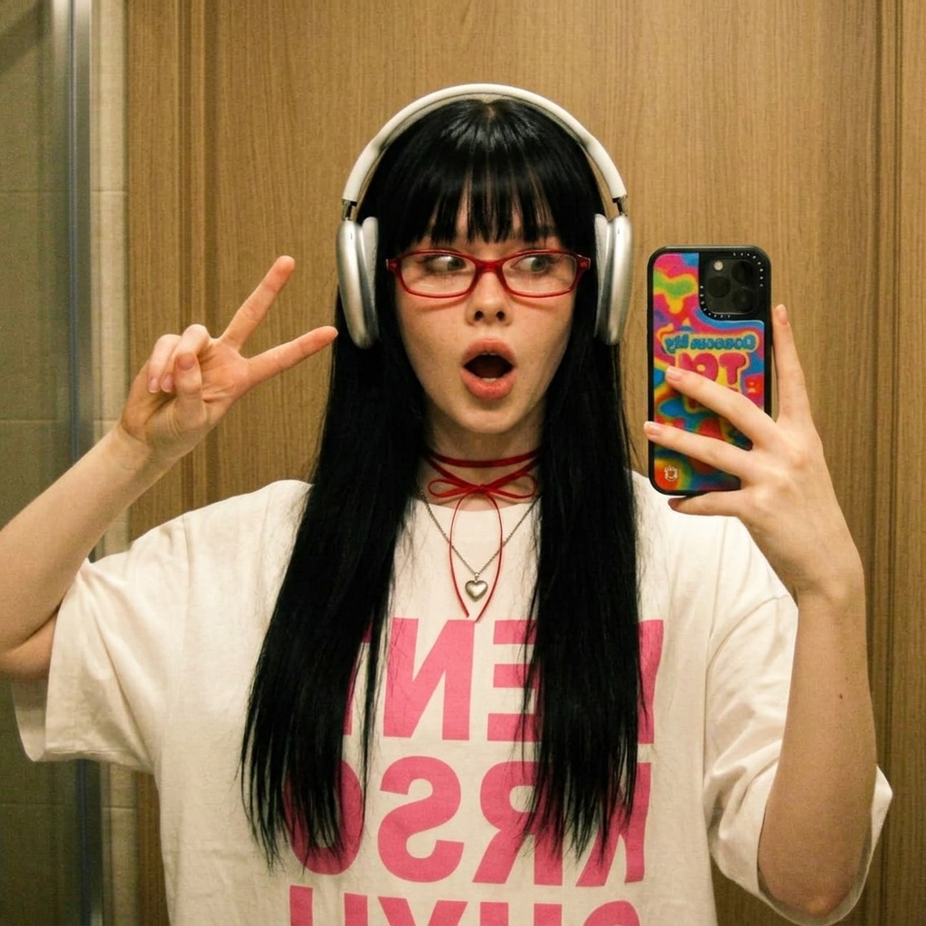 East Woman Mirror Selfie Silver Headphones Red Glasses Playful Peace pack preview