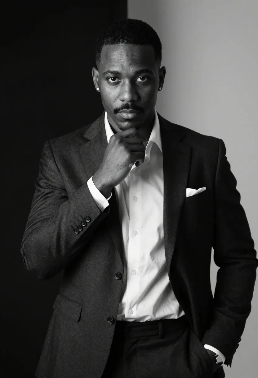 Black And White Portrait Man Formal Suit Looking Directly The