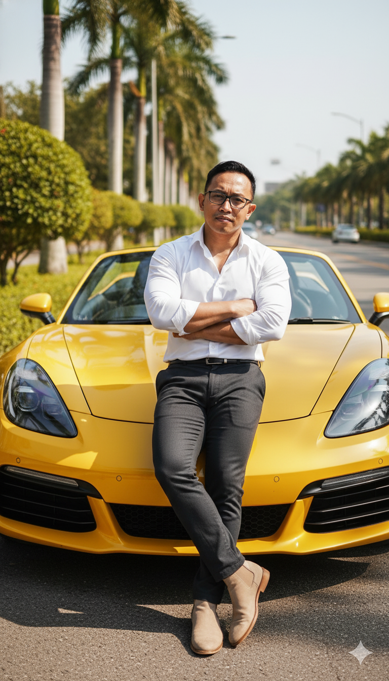 Man Posing With Yellow Sports Car