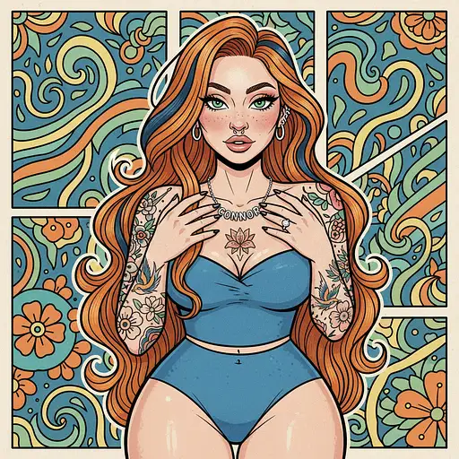 A gorgeous Caucasian woman with striking green almond eyes, long ginger wavy hair, and tattoos, wearing makeup and a silver necklace.