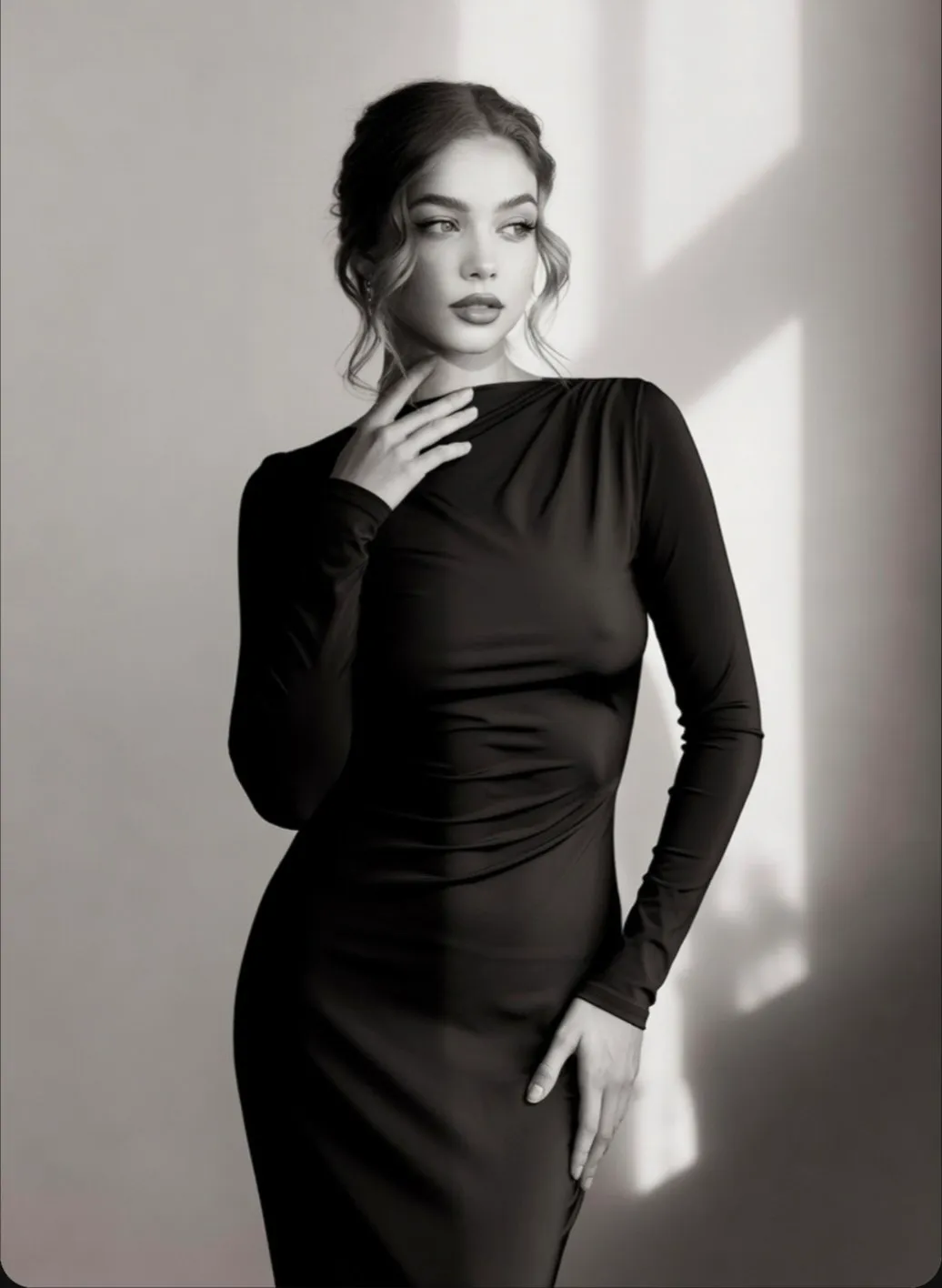 Black Dress Touching Neck Side Shadow Lighting