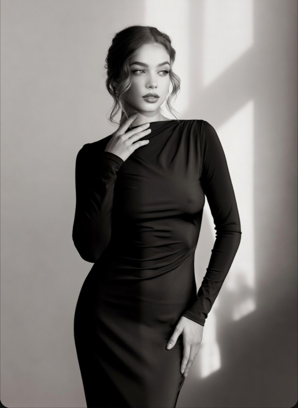 Black Dress Touching Neck Side Shadow Lighting