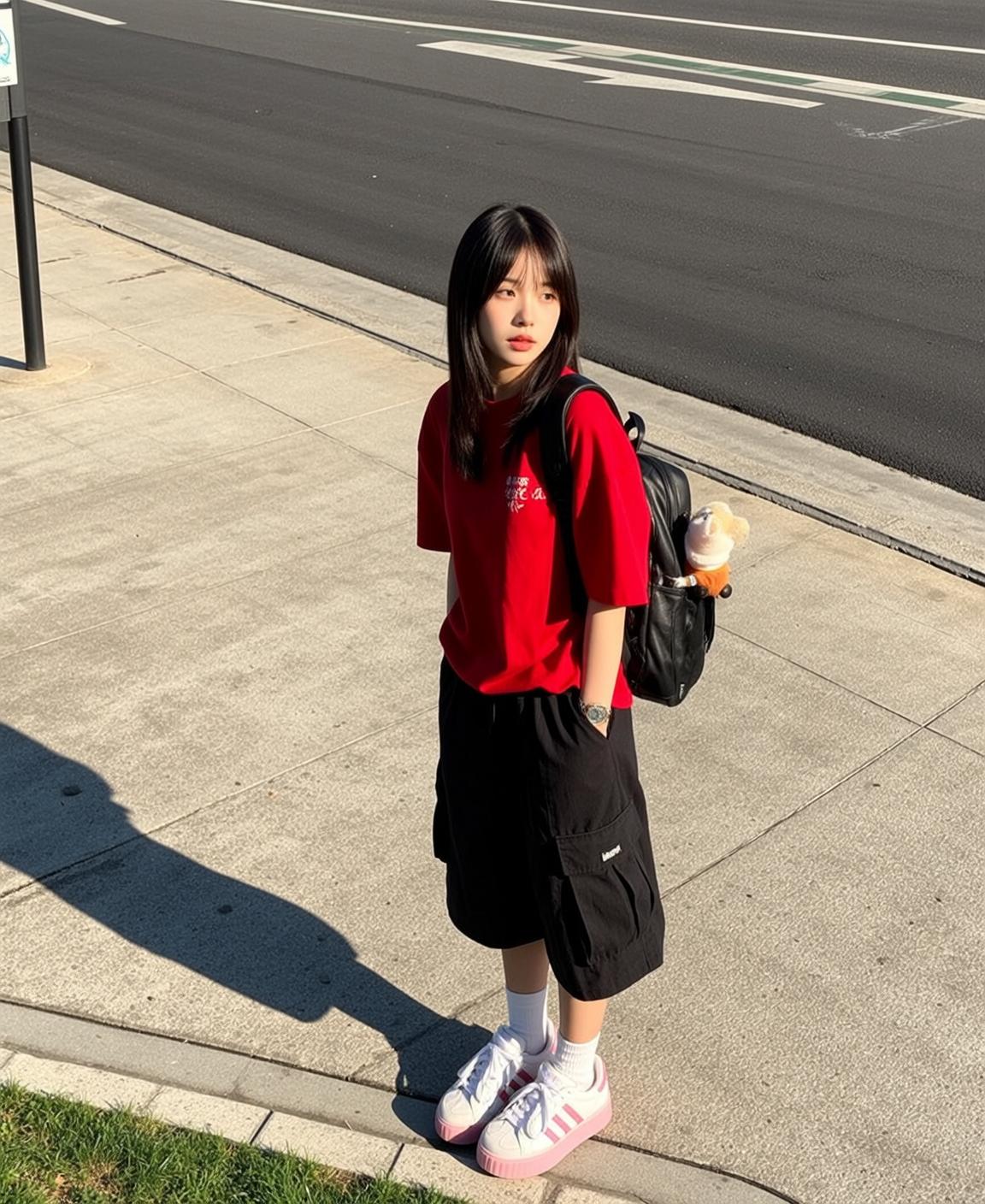 Red Tee Sidewalk Backpack Look