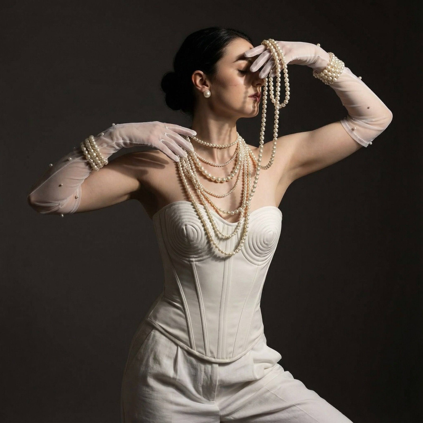 A captivating figure draped in pearls with a smooth corset, set against a chiaroscuro backdrop emphasizing deep shadows and elegance.