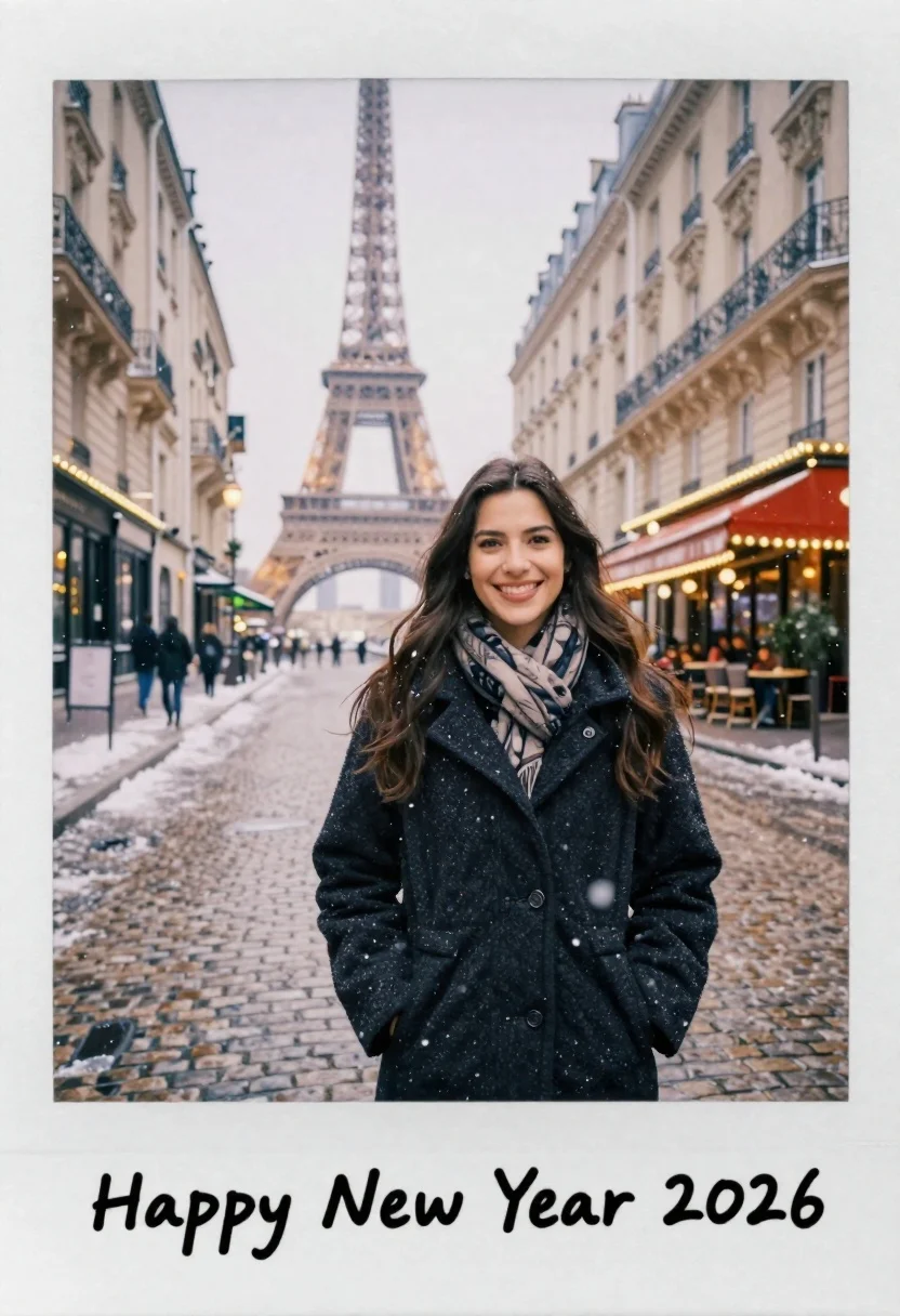 Smiling Woman Stands The Foreground Cobblestone Street With Snow Falling