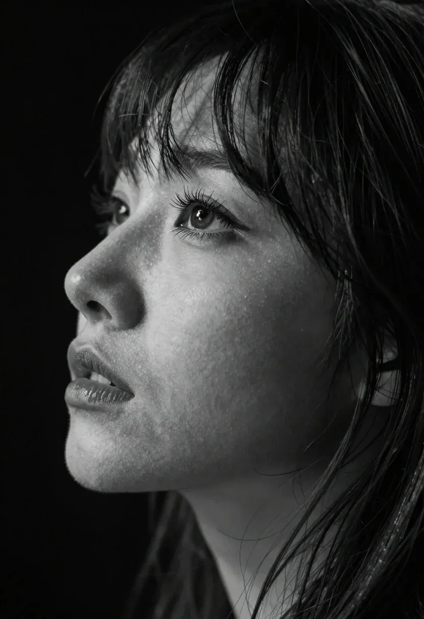 Monochrome Close-up Profile Woman Face With Soft Cinematic Lighting Highlighting