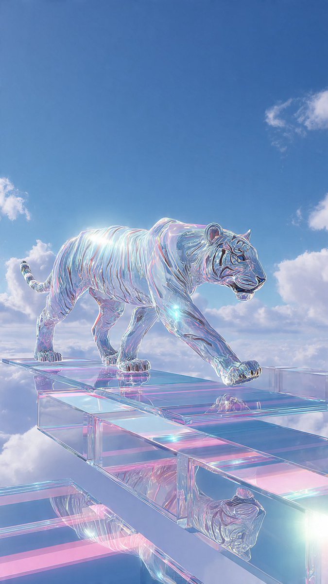 A majestic crystal tiger walking on floating glass platforms, illuminating the sky with rainbow-hued reflections.