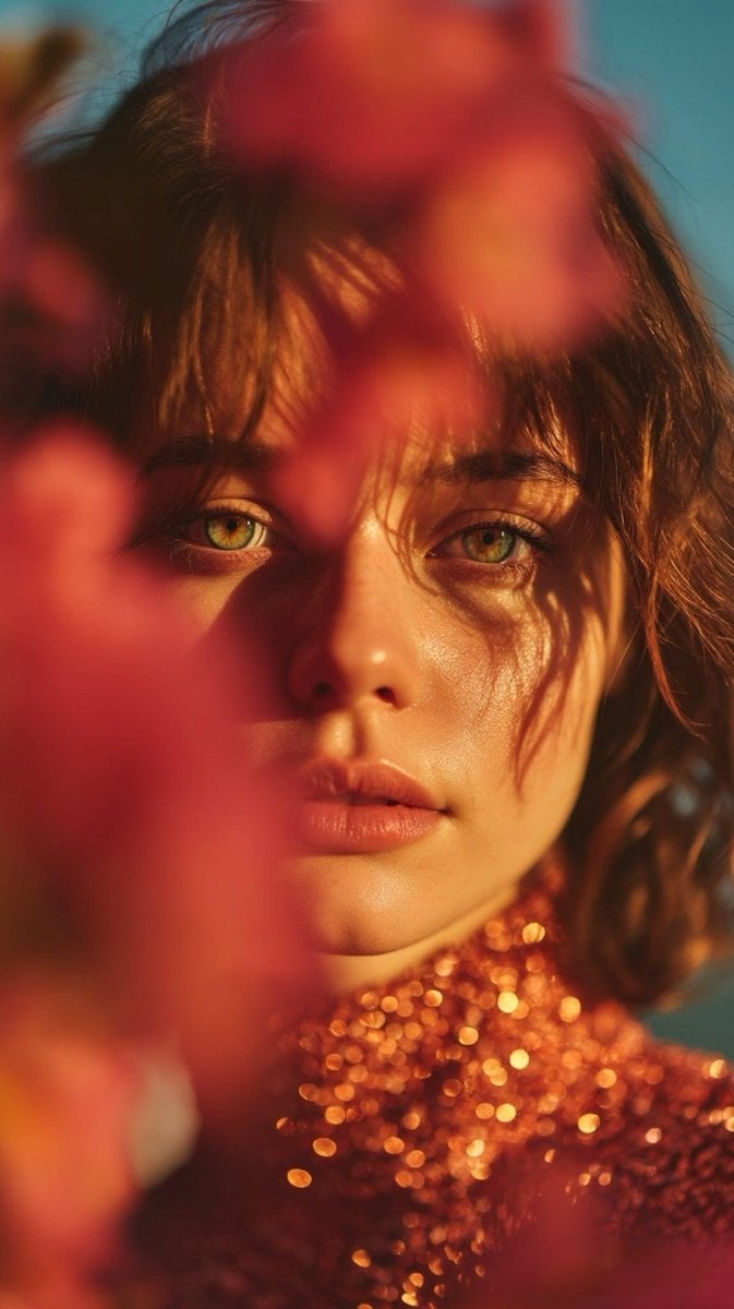 Close-up portrait of a woman with soft pink blossoms blurring her face, illuminated by golden-hour light.