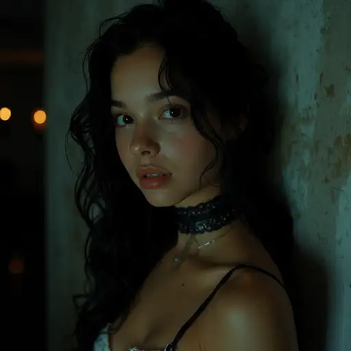 Portrait of an 18-year-old woman with dark wavy hair, smiling in a dimly lit room with softbox lighting, wearing a BDSM choker and stay-ups.
