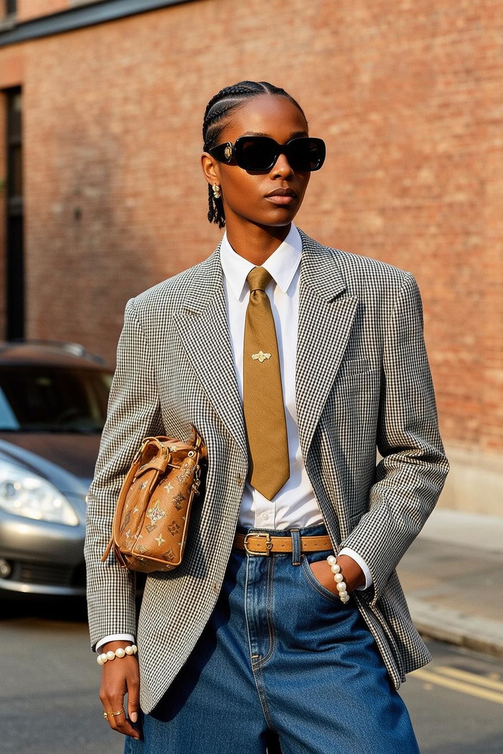 Grey Checkered Blazer Sunglasses Pose