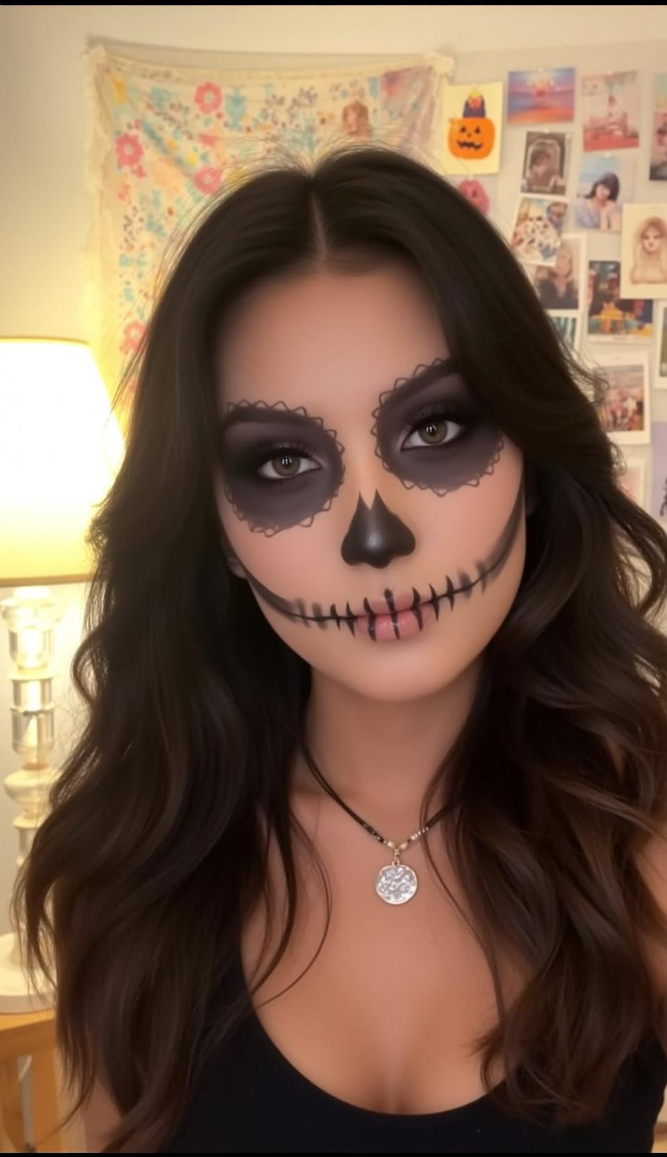 Halloween Makeup Skull Long Wavy Dark Brown