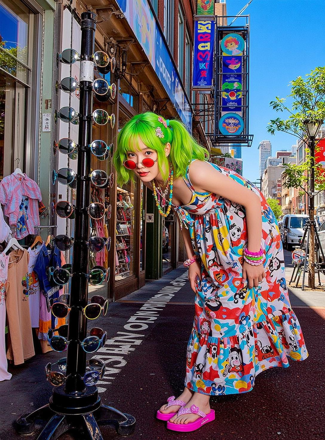 Fisheye Young Bright Green Pigtails Pink Ties