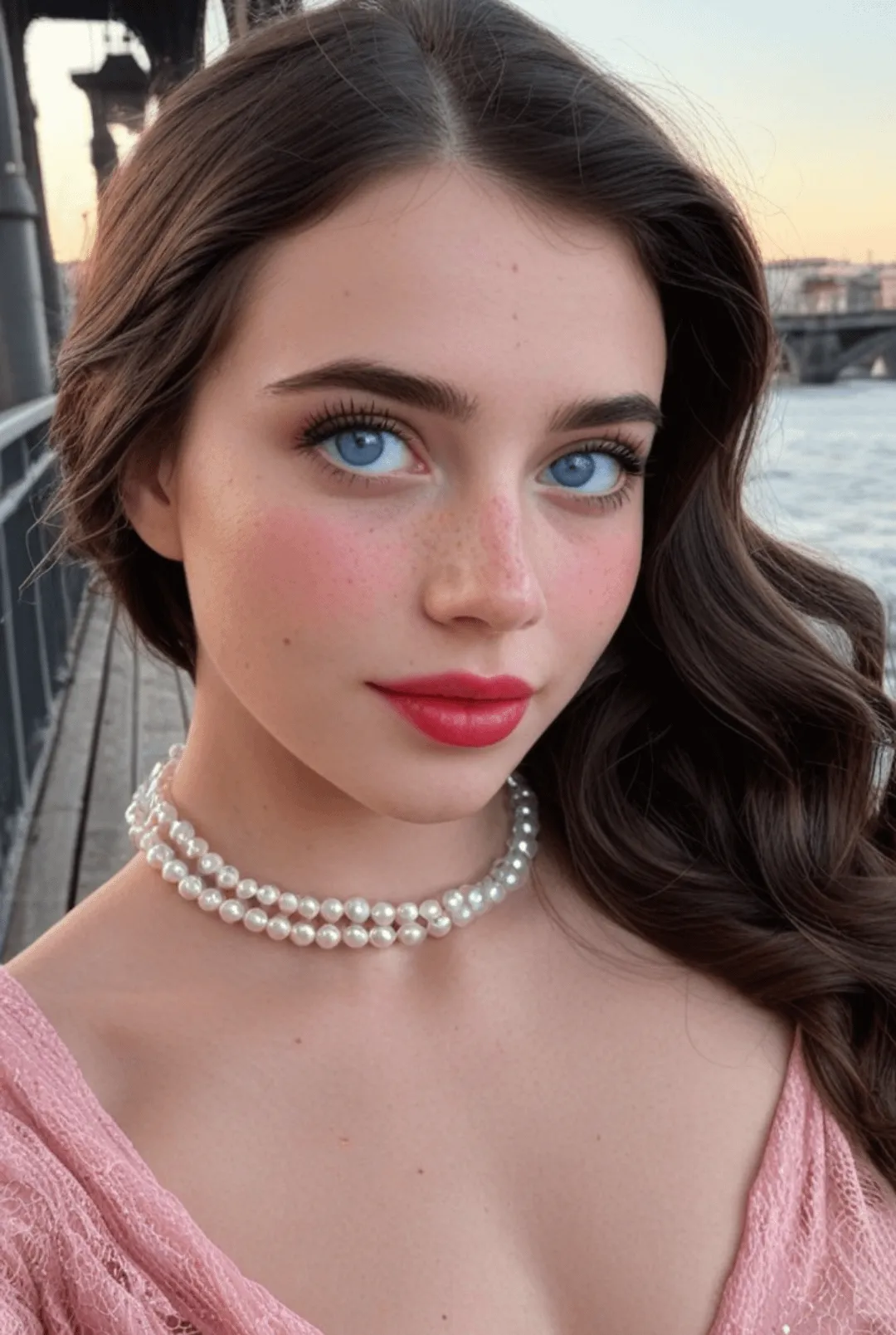 Golden Hour Portrait Pale Pink Lace Top Pearl Choker