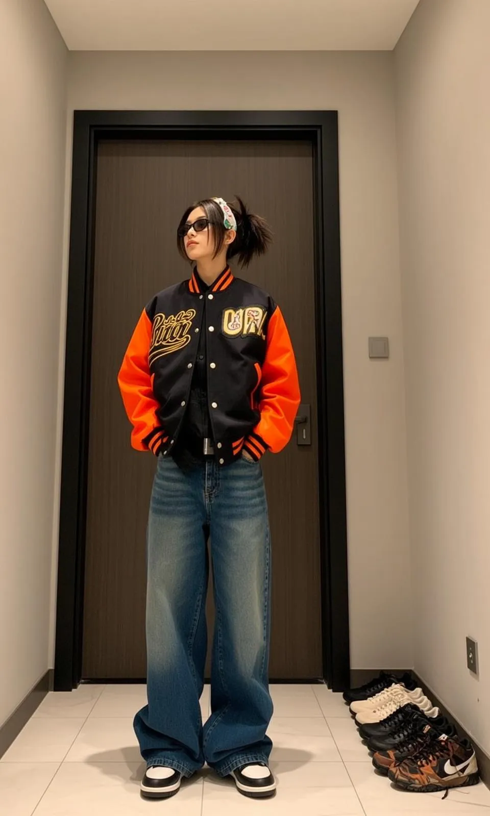 Sunglasses Varsity Jacket Hallway Sneakers Row