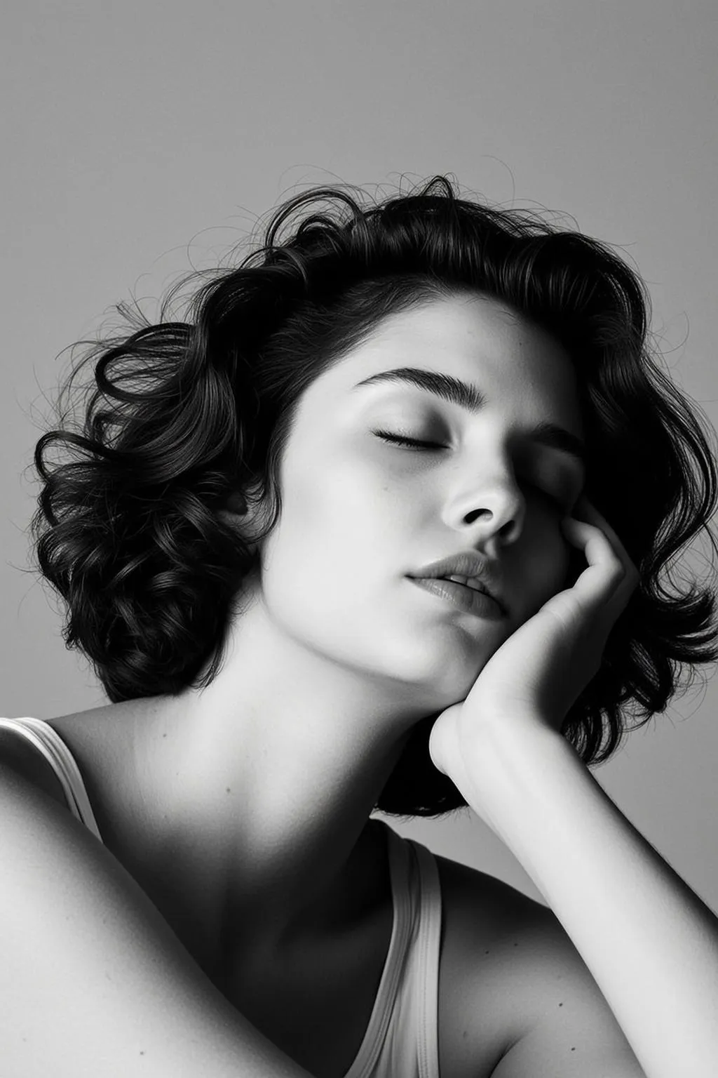 Photorealistic Black And White Medium Shot Portrait Young Woman With