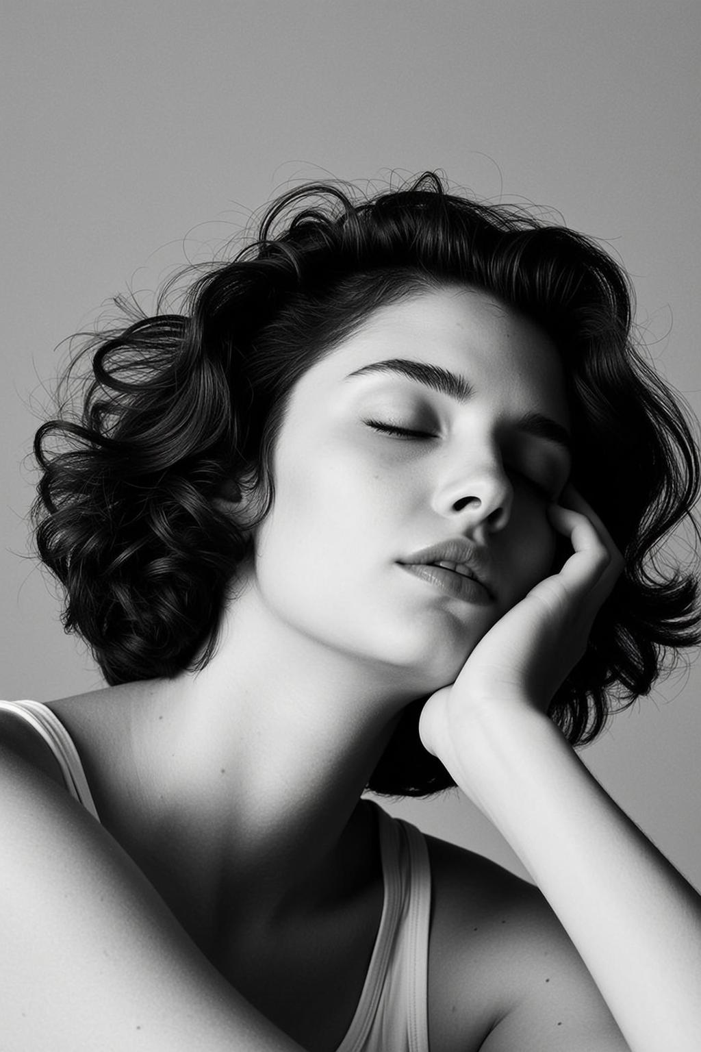 Photorealistic Black And White Medium Shot Portrait Young Woman With