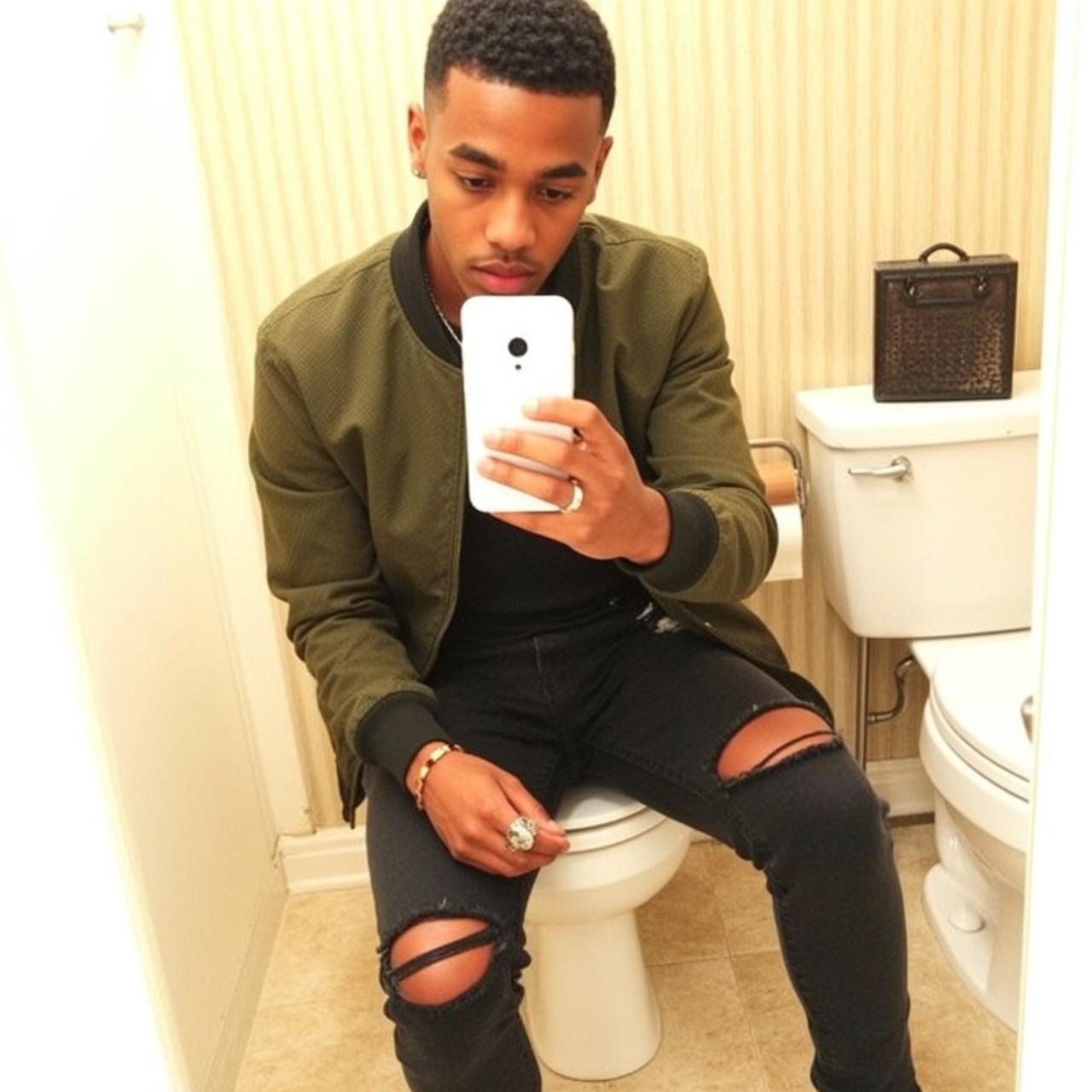 Explore Seated White Toilet Holding Smartphone His