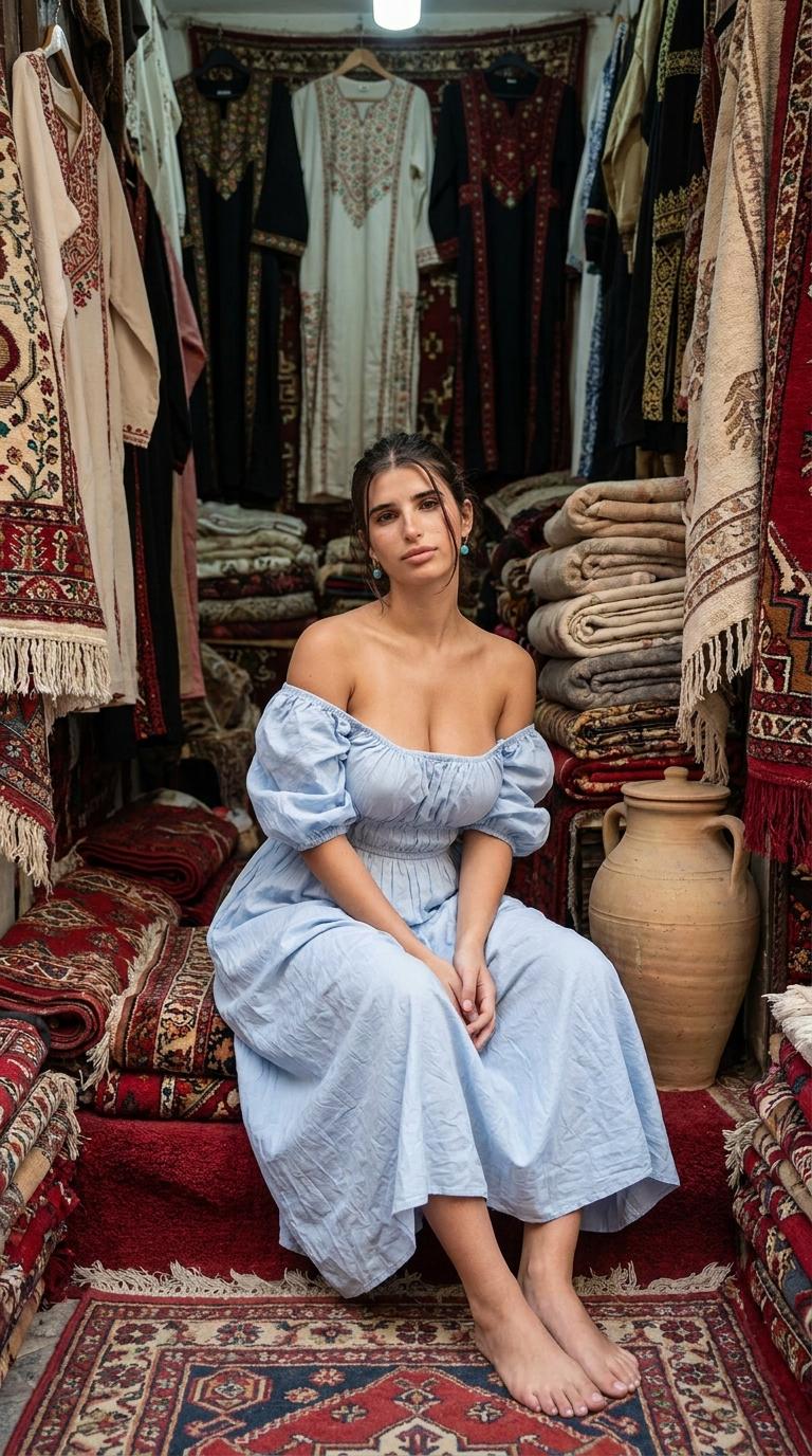 Textile Market Portrait Old Shop Interior Red Carpets