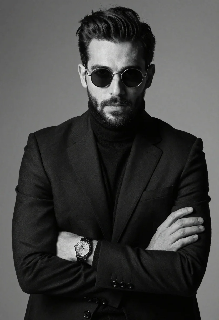 High-fashion Black And White Portrait Handsome Man With Dark Hair reference photo