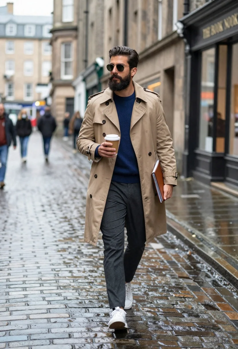 Stylish Man Walking Confidently Down Wet Cobblestone Street Urban Setting