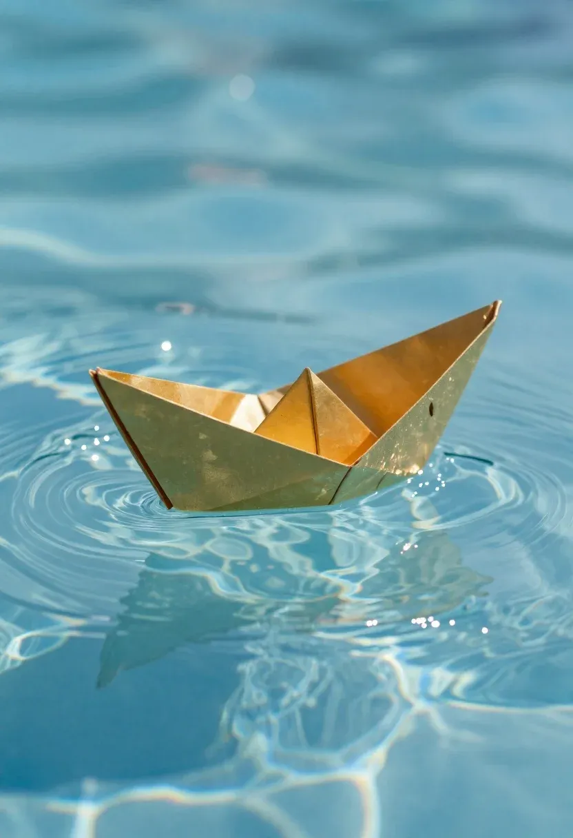 Golden Origami Boat Floating Clear Blue Water Subject Metallic Golden