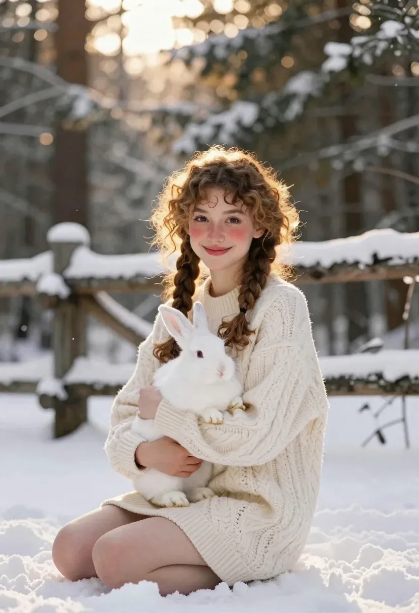 Young Woman With Curly Hair Sits Snowy Forest Holding White