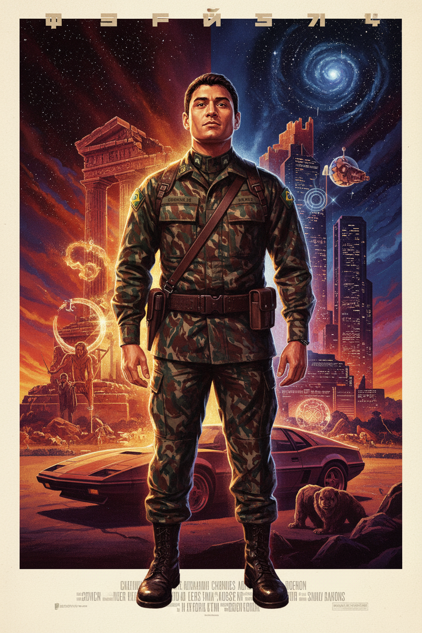 Dramatic cinematic illustration with vibrant colors and a heroic figure against a backdrop of a starry night and vintage elements.