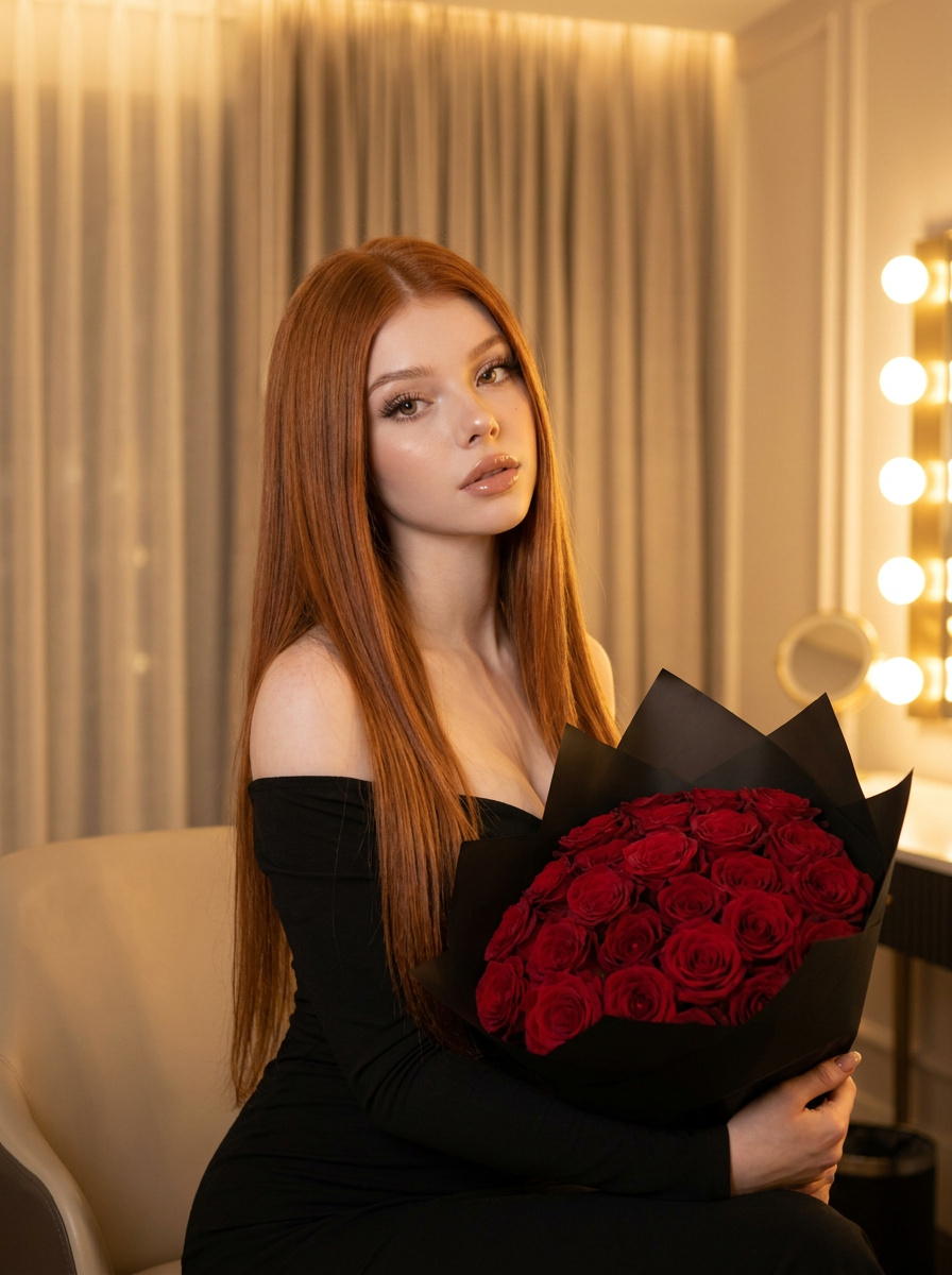 Black Dress Holding Red Roses By Vanity Mirror
